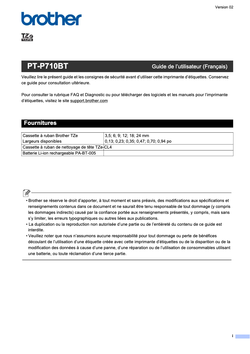 Page n°1 - Manuel utilisateur Brother P-Touch PT-P710BT
