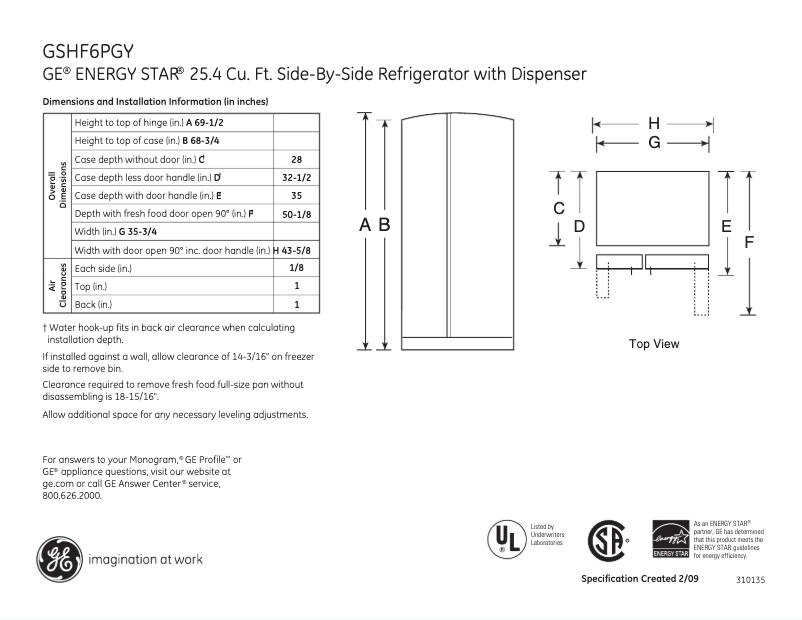 Page n°1 - Fiche technique GE GSHF6PGYWW