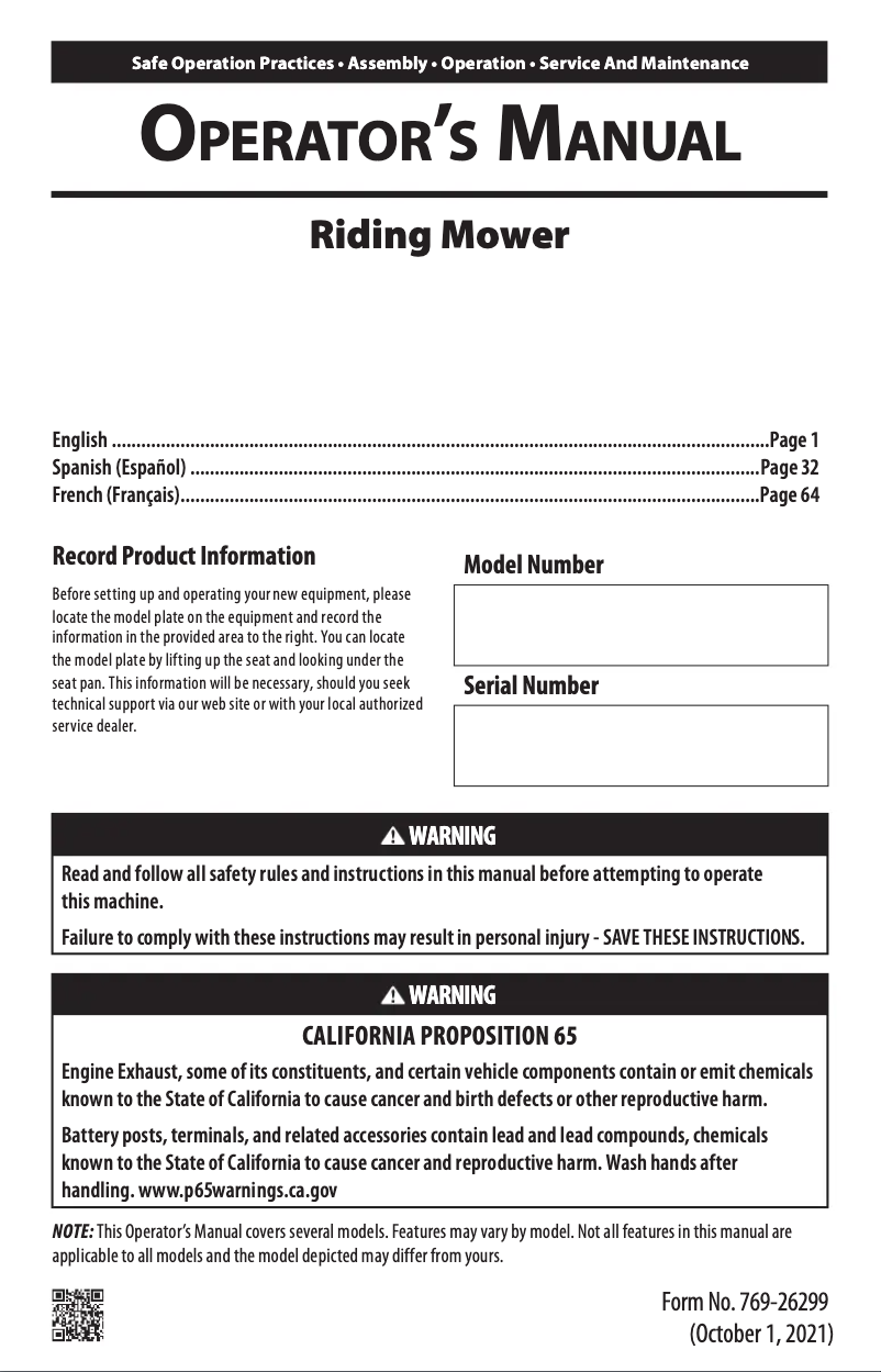 Page 1 de la notice Manuel utilisateur Troy-Bilt TB30