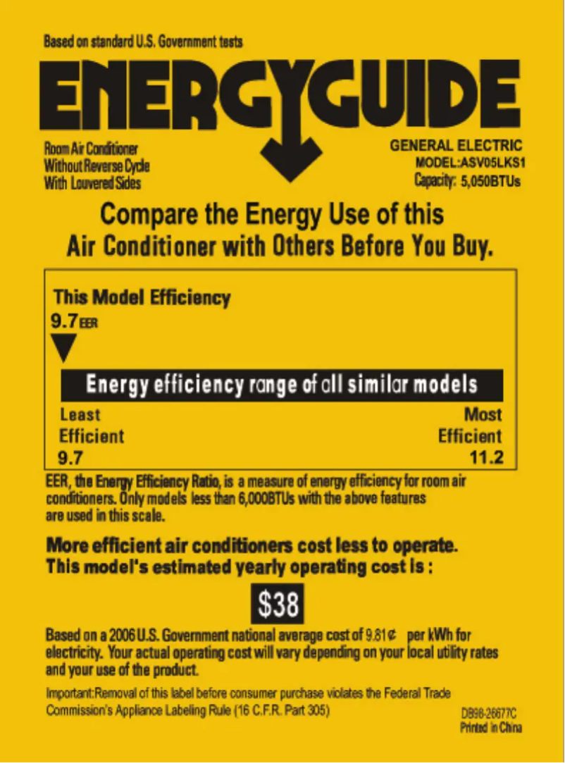 Page 1 de la notice Label énergétique GE ASV05LK