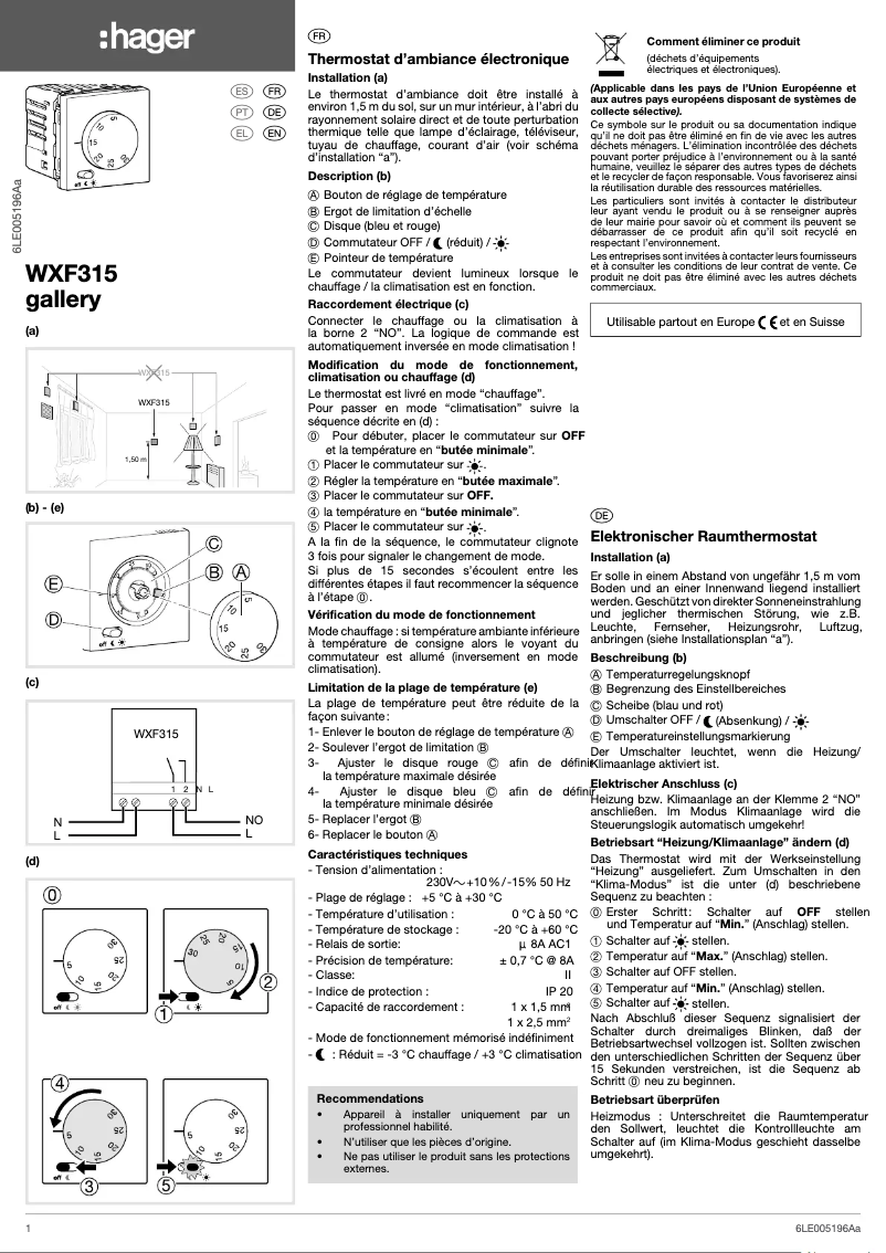 Page 1 de la notice Manuel utilisateur Hager WXF315