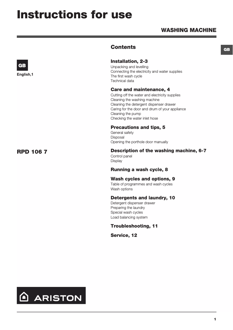 Page 1 de la notice Manuel utilisateur Ariston Thermo RPD 106 7 D AUS