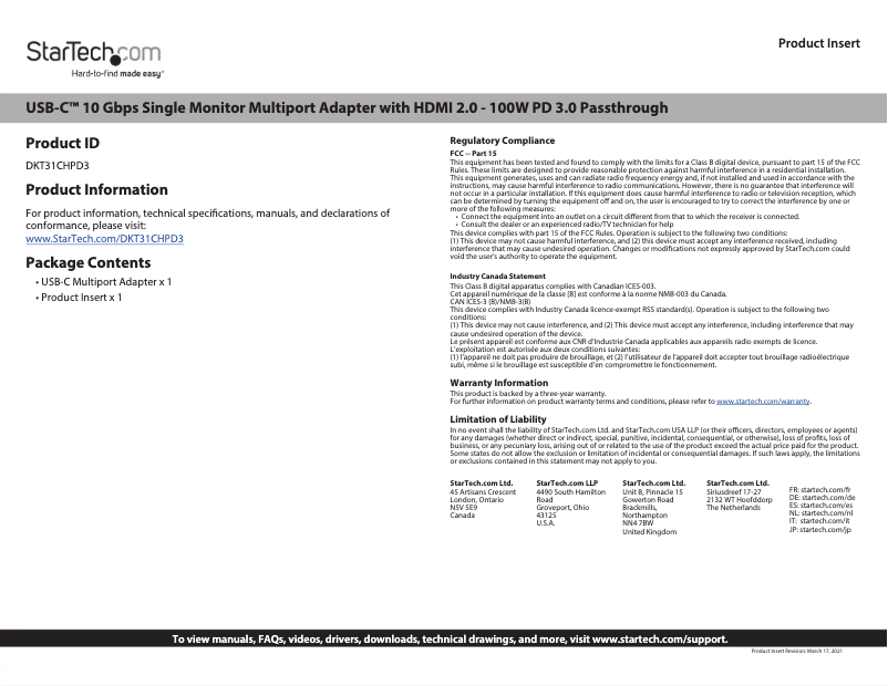 Page n°1 - Manuel utilisateur StarTech.com DKT31CHPD3