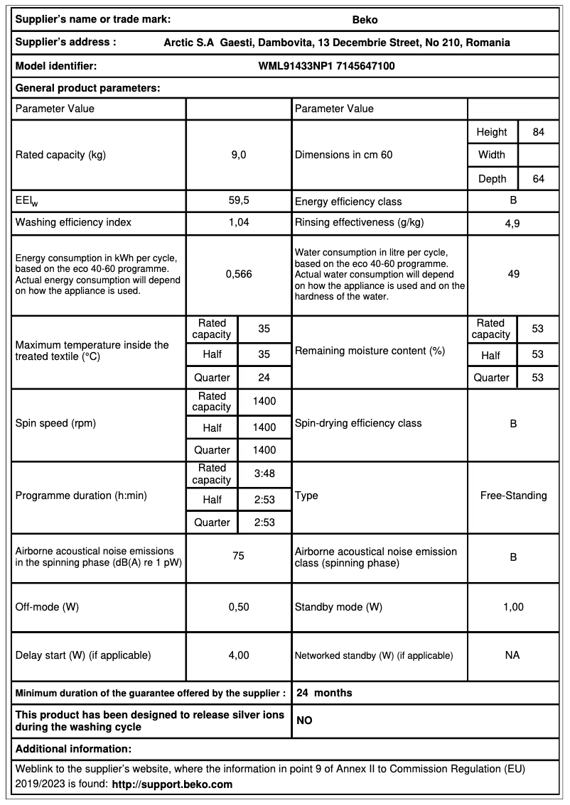 Page 1 de la notice Fiche technique Beko WML91433NP1