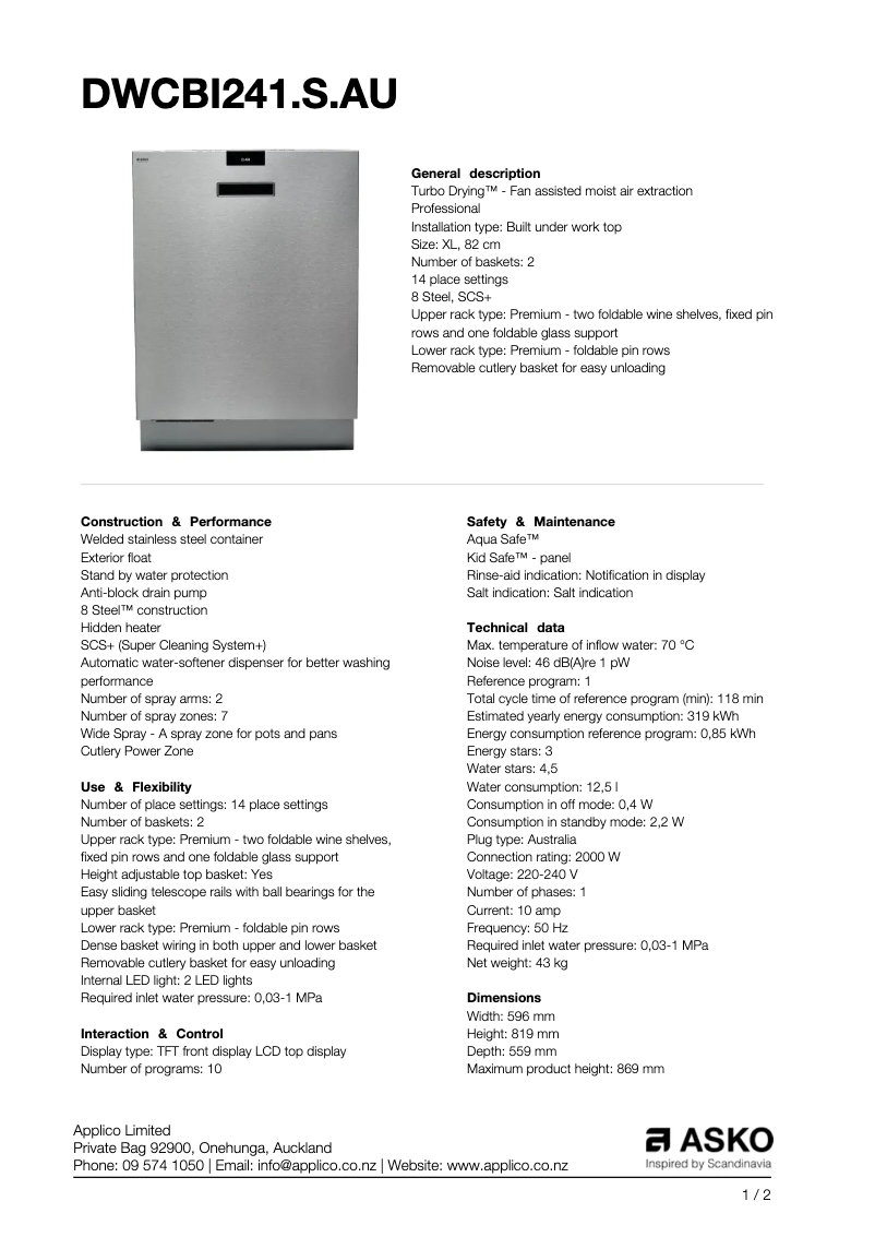 Image de la première page du manuel de l'appareil DWCBI241.S.AU