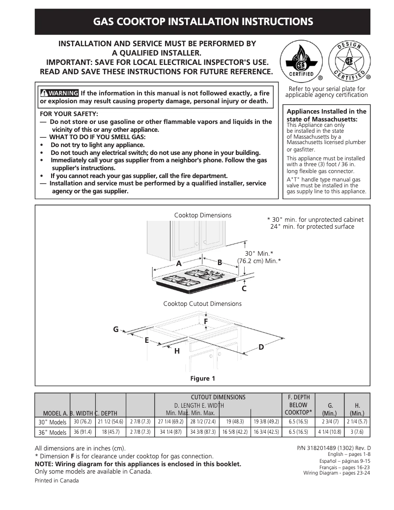 Page 1 de la notice Guide d'installation Frigidaire FFGC3015LW