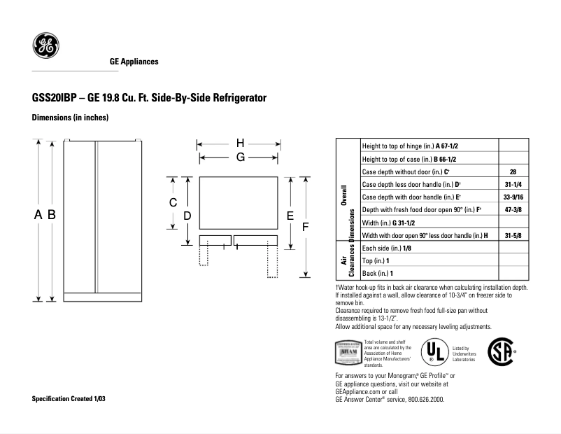 Page 1 of the manual Technical Sheet GE GSS20IBPWW