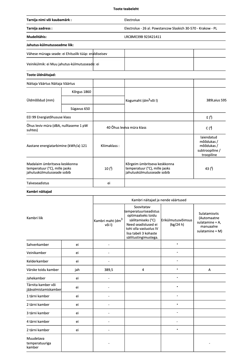 Page 1 de la notice Manuel utilisateur Electrolux LRC8ME39B
