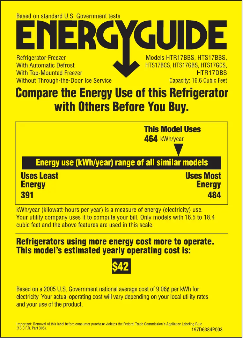 Page n°1 - Label énergétique Hotpoint HTS17GCSWW