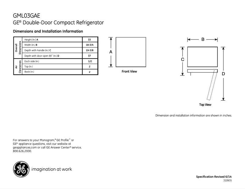 Page 1 de la notice Fiche technique GE GML03GAEBS