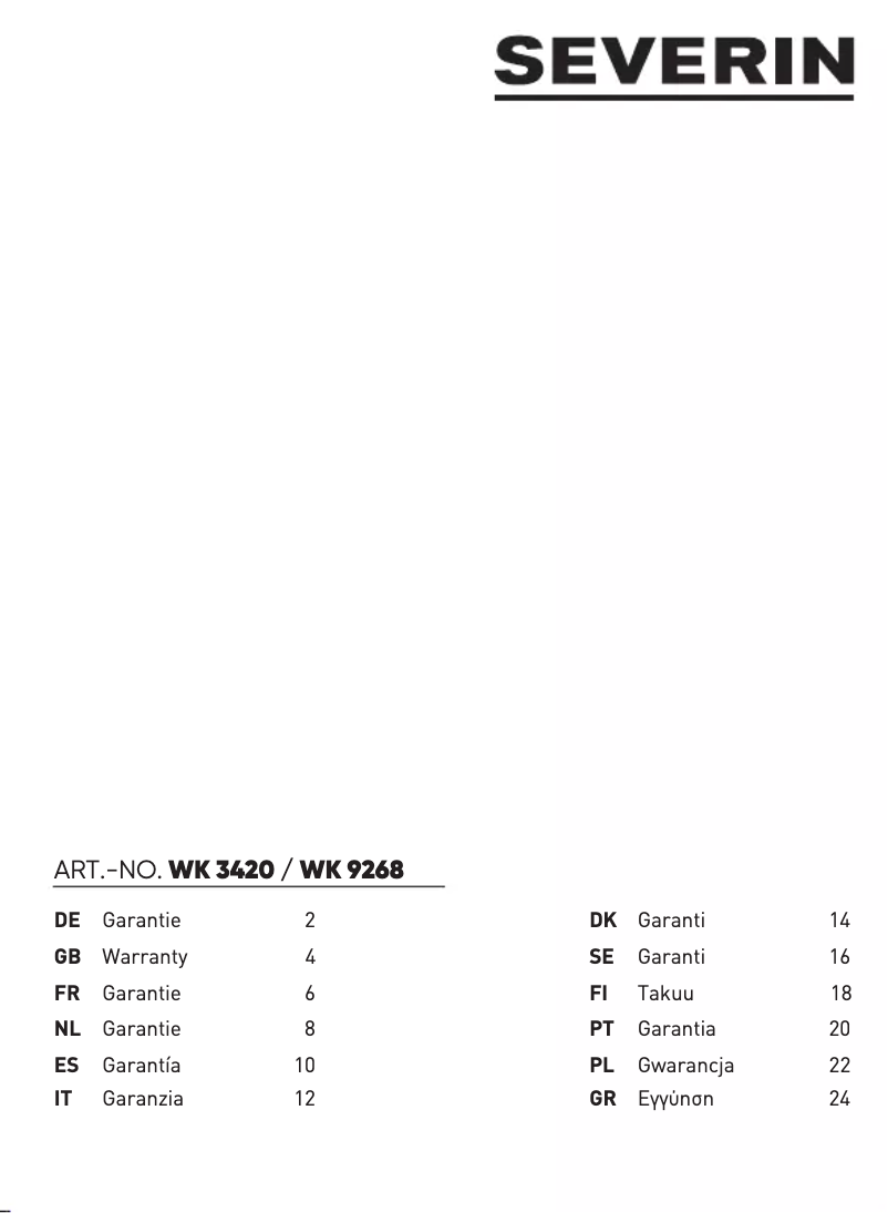 Page n°1 - Informations de garantie Severin WK 9268