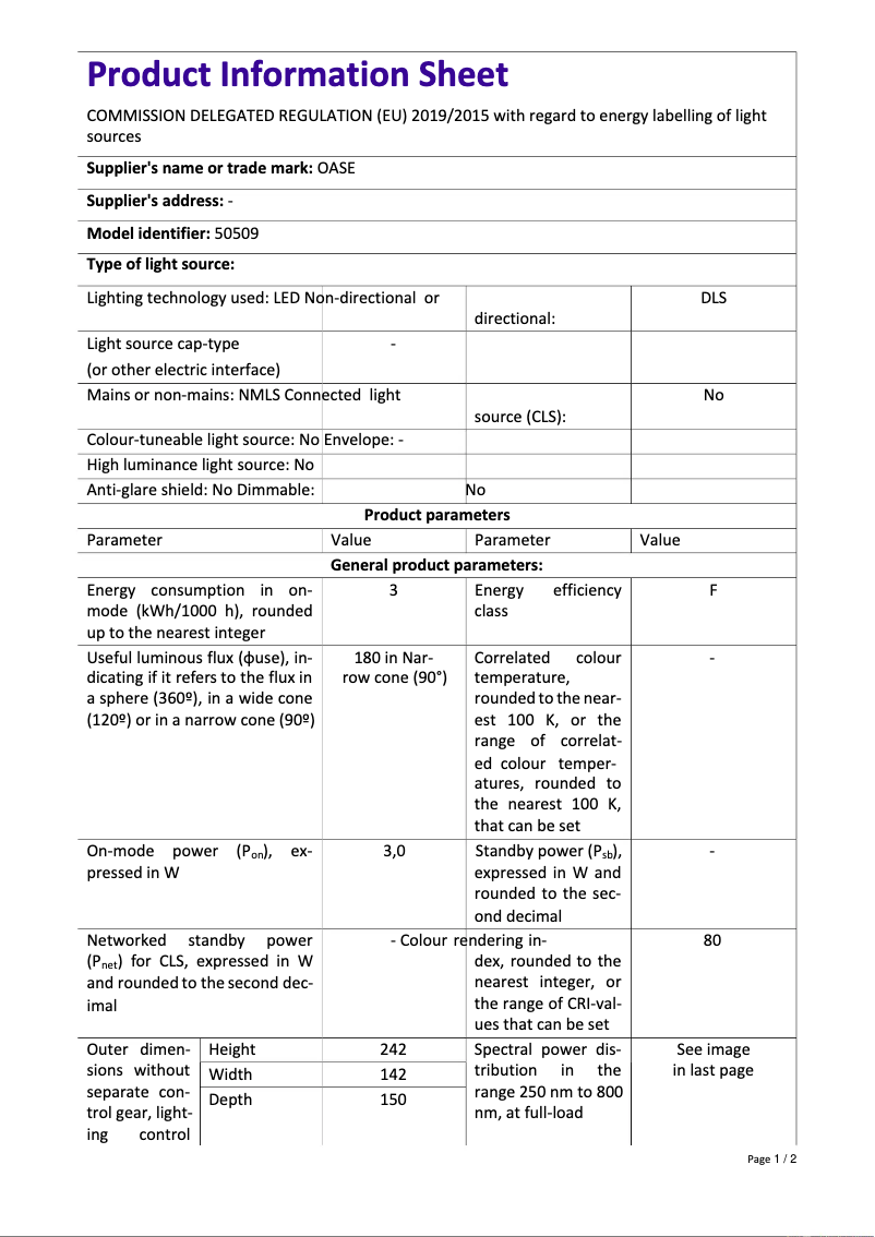 Page 1 de la notice Fiche technique Oase LunAqua Maxi LED Solo