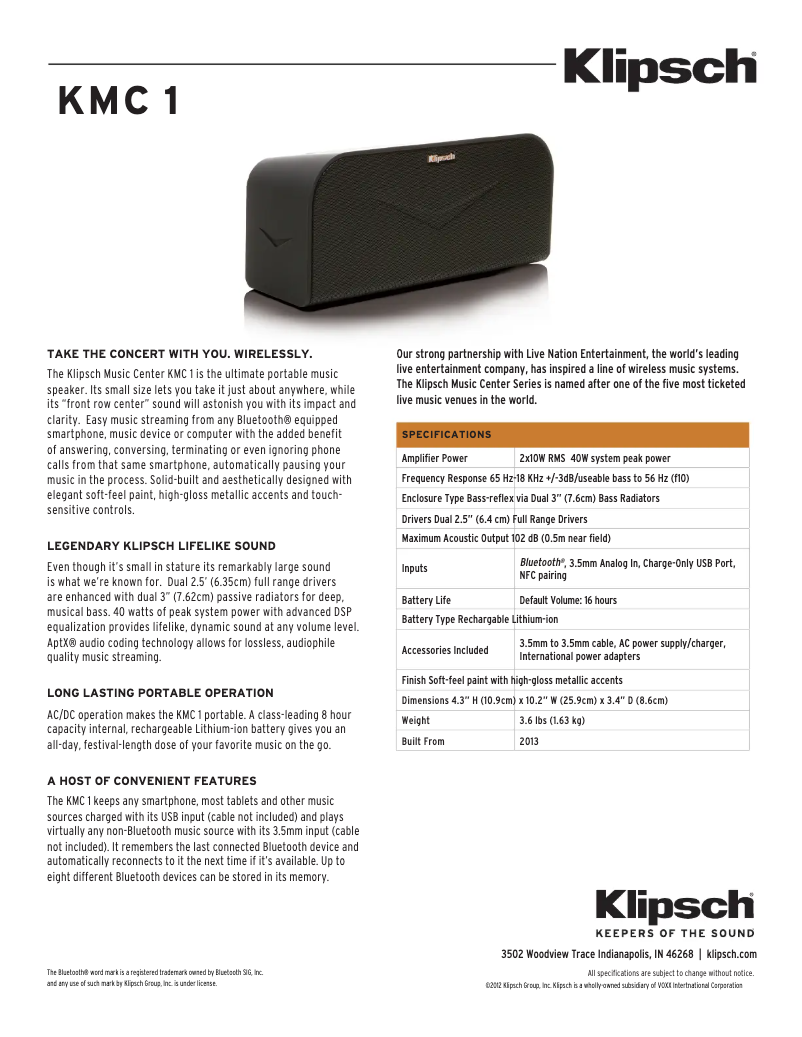 Page 1 de la notice Fiche technique Klipsch KMC 1