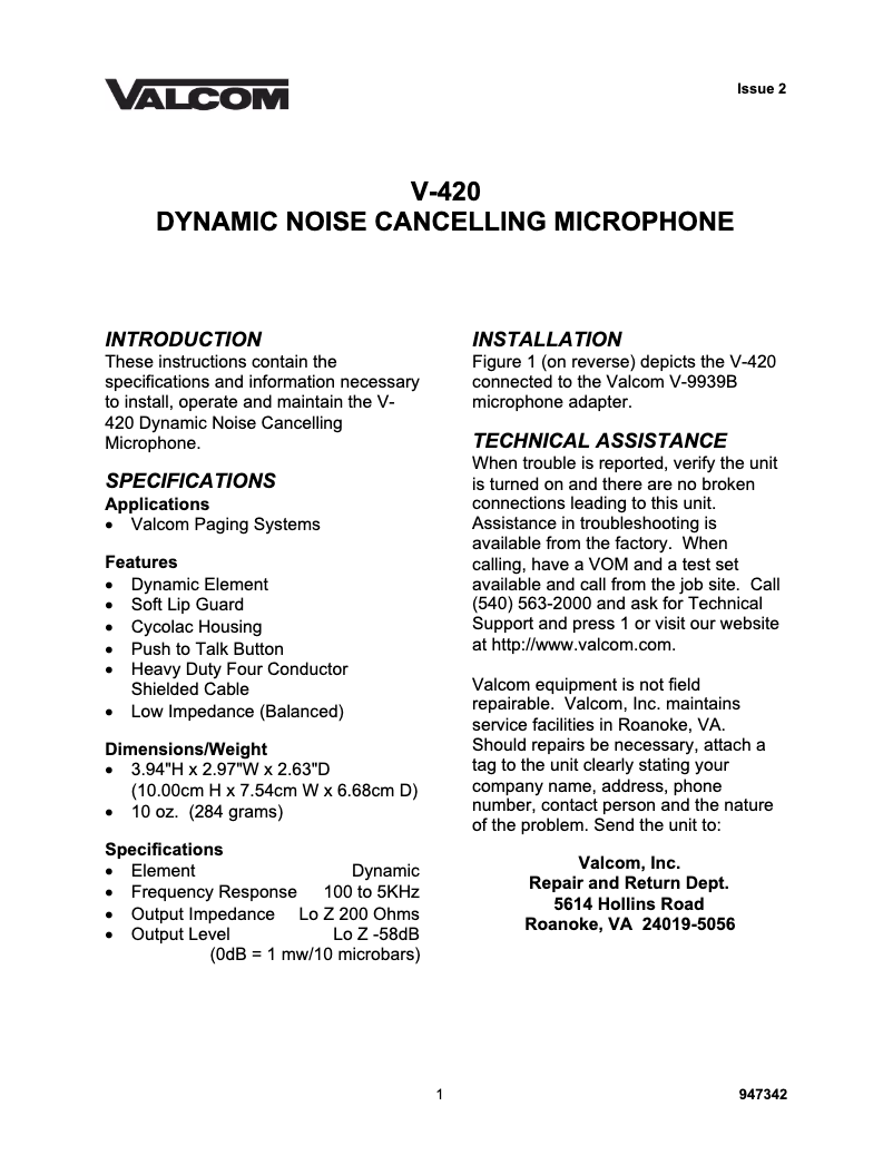 Page 1 de la notice Manuel utilisateur Valcom V-420