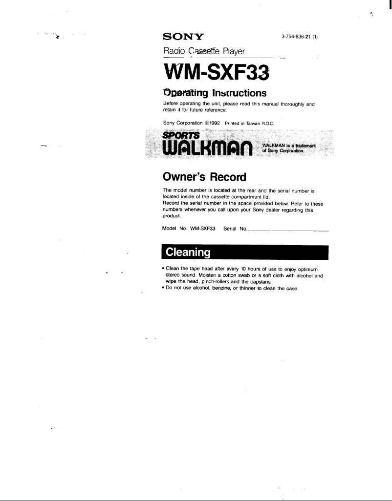 Page 1 de la notice Manuel utilisateur Sony Walkman WM-SXF33