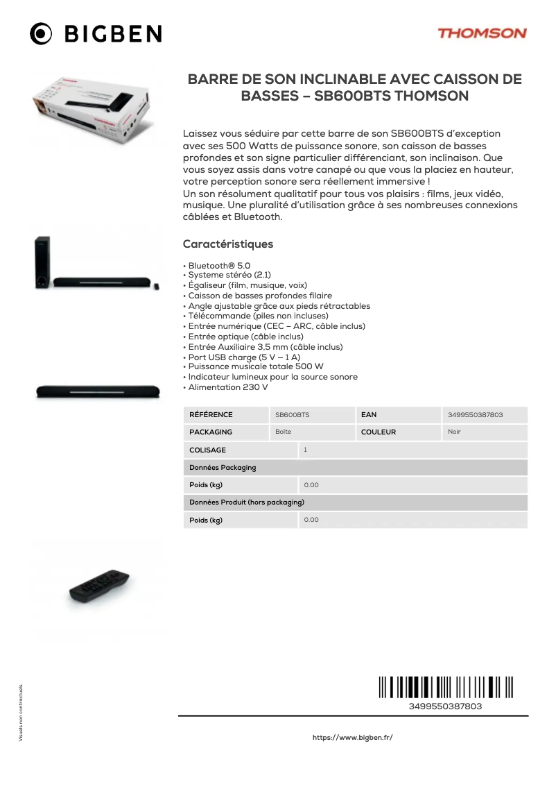 Page 1 de la notice Fiche technique Thomson SB600BTS