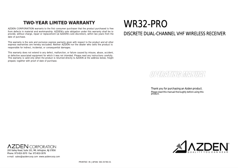 Page n°1 - Manuel utilisateur Azden WDM-PRO