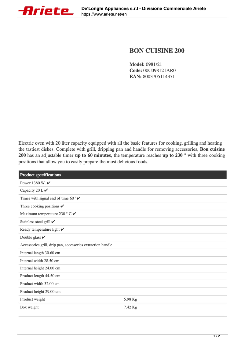 Page 1 de la notice Fiche technique Ariete Bon Cuisine 200