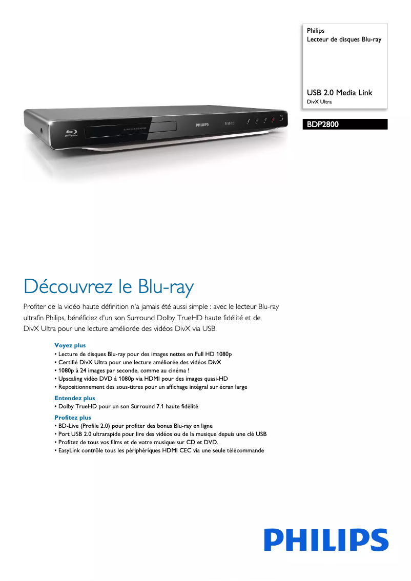 Page n°1 - Fiche technique Philips BDP2800