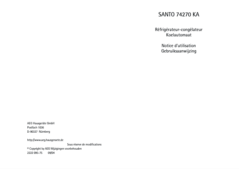 Page 1 de la notice Manuel utilisateur AEG Santo 74270 KA