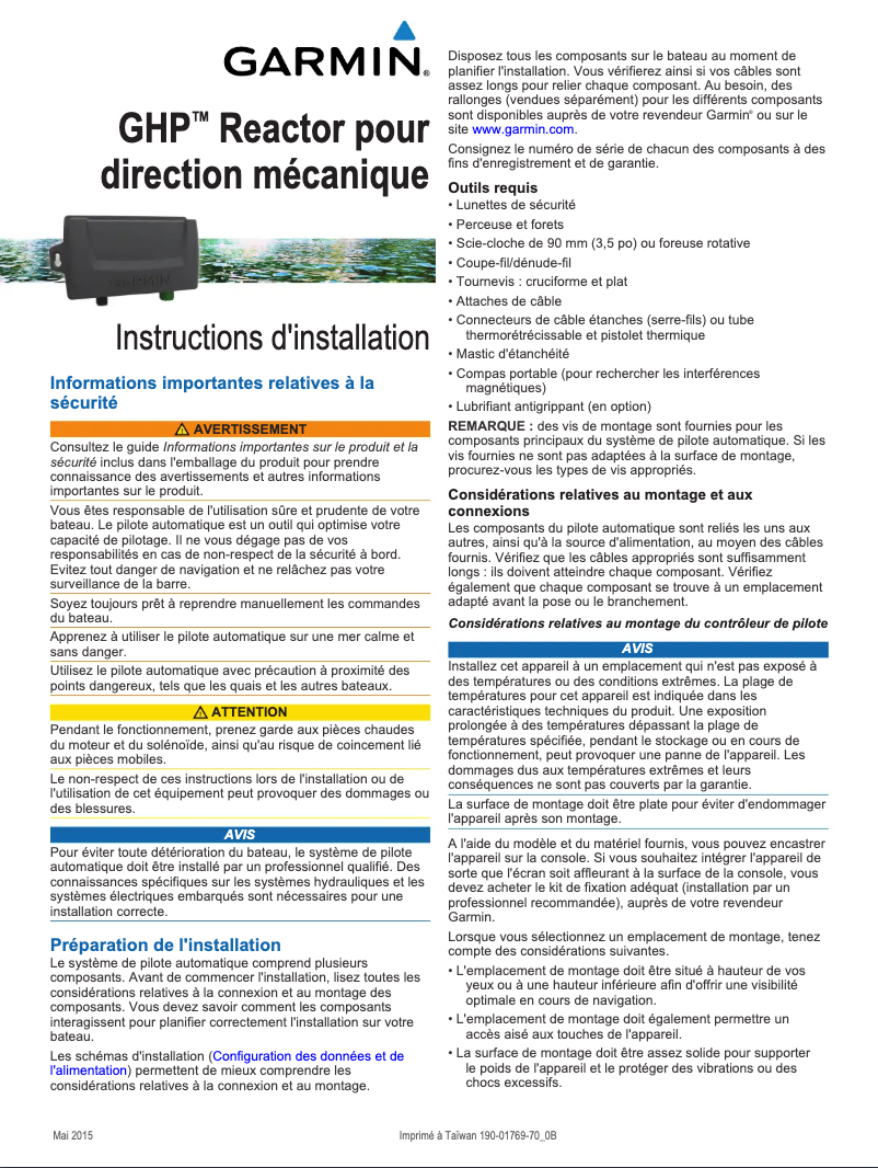 Page 1 de la notice Guide d'installation Garmin GHP Reactor