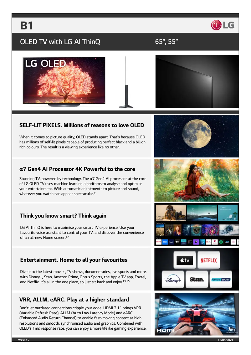 Page 1 de la notice Fiche technique LG OLED65B1PTA
