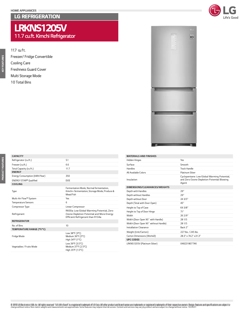 Page 1 de la notice Fiche technique LG LRKNS1205V
