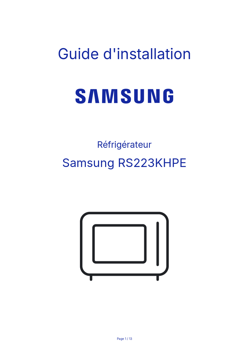 Page n°1 - Guide d'installation Samsung RS223KHPE