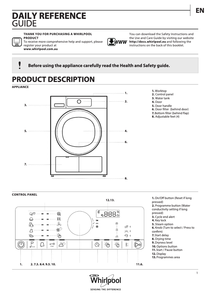Página 1 del manual Ficha técnica Whirlpool DSCR 80320