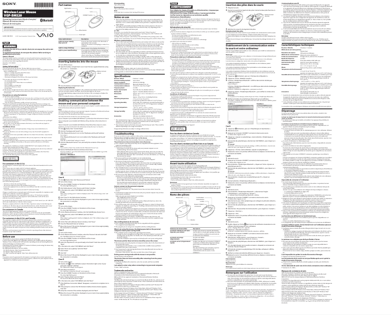 Page 1 de la notice Manuel utilisateur Sony Wireless Laser Mouse VGP-BMS20
