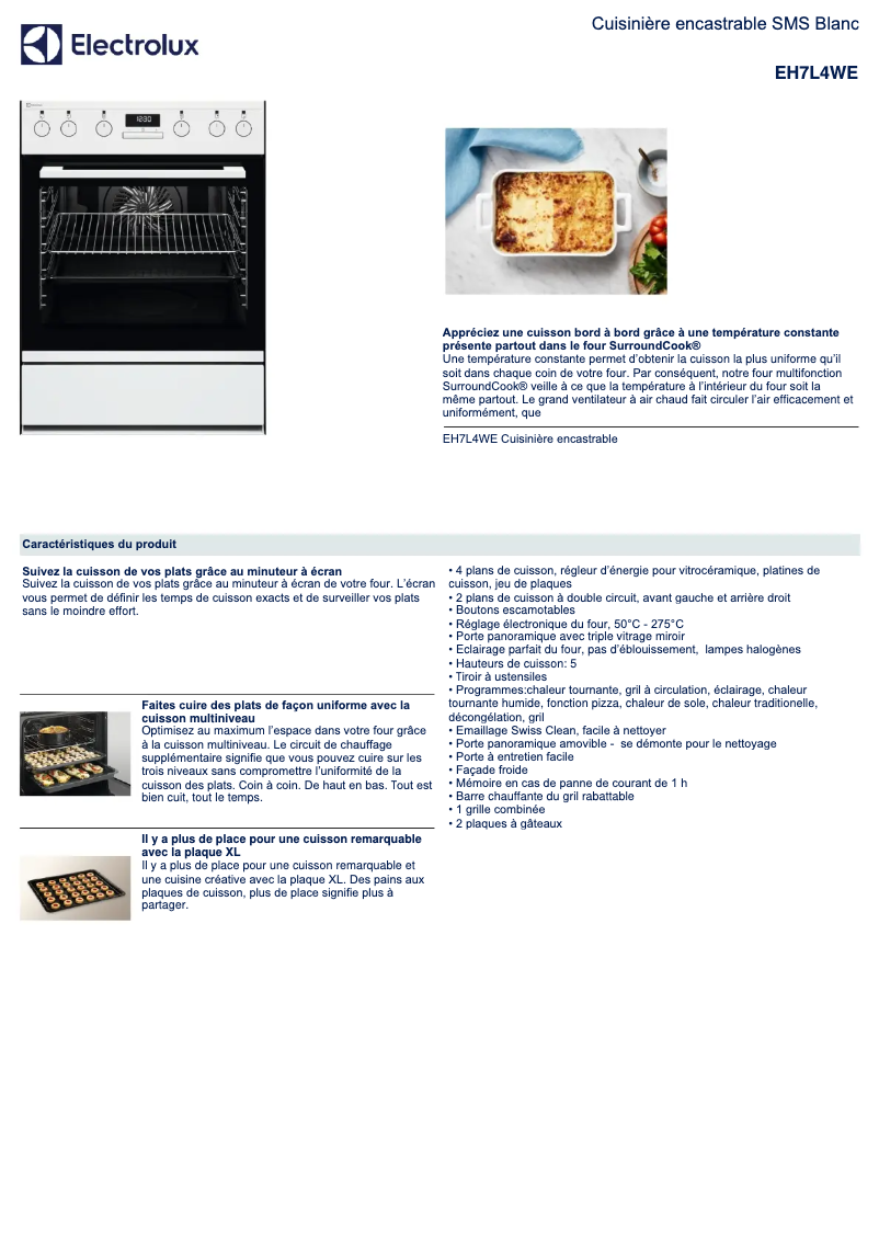 Page 1 de la notice Fiche technique Electrolux EH7L4WE