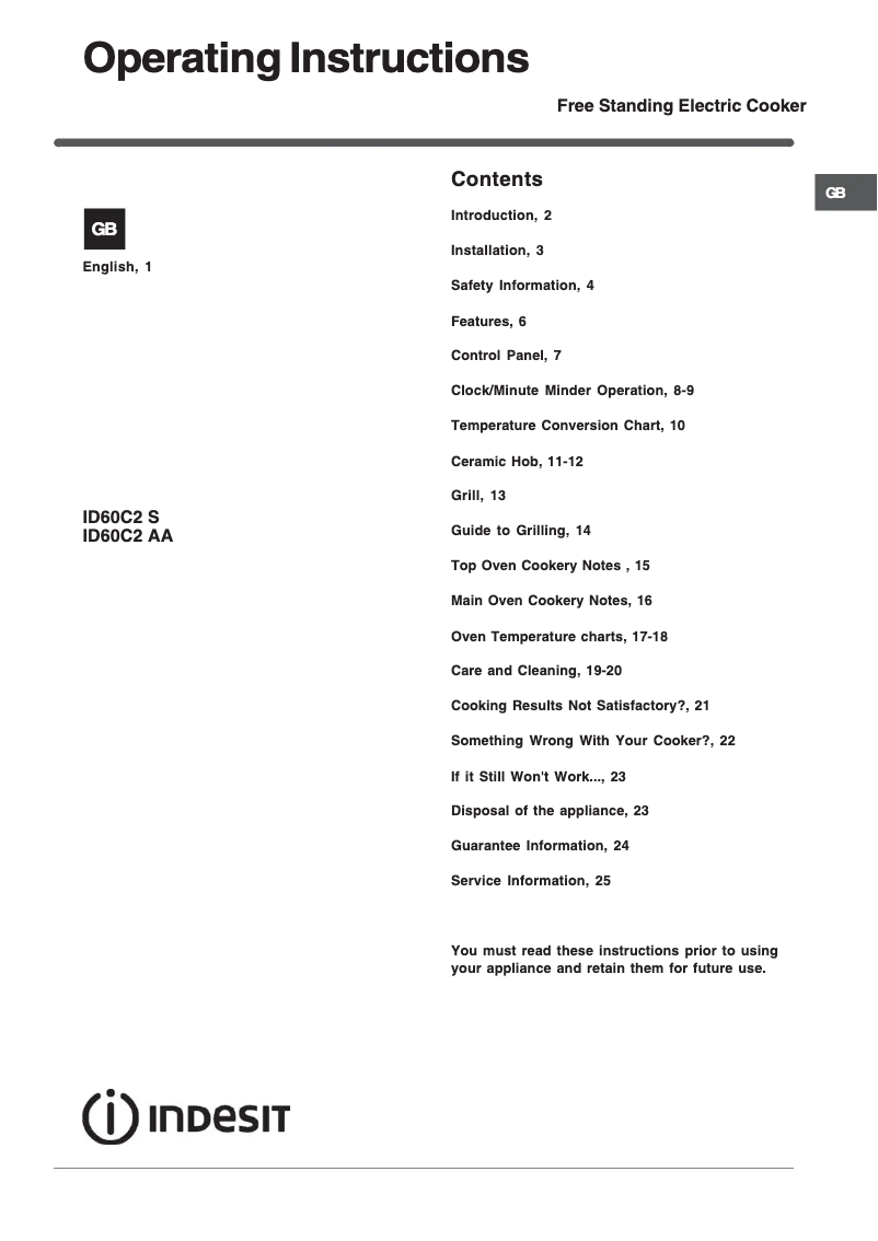 Page 1 de la notice Mode d'emploi Indesit ID60C2X S