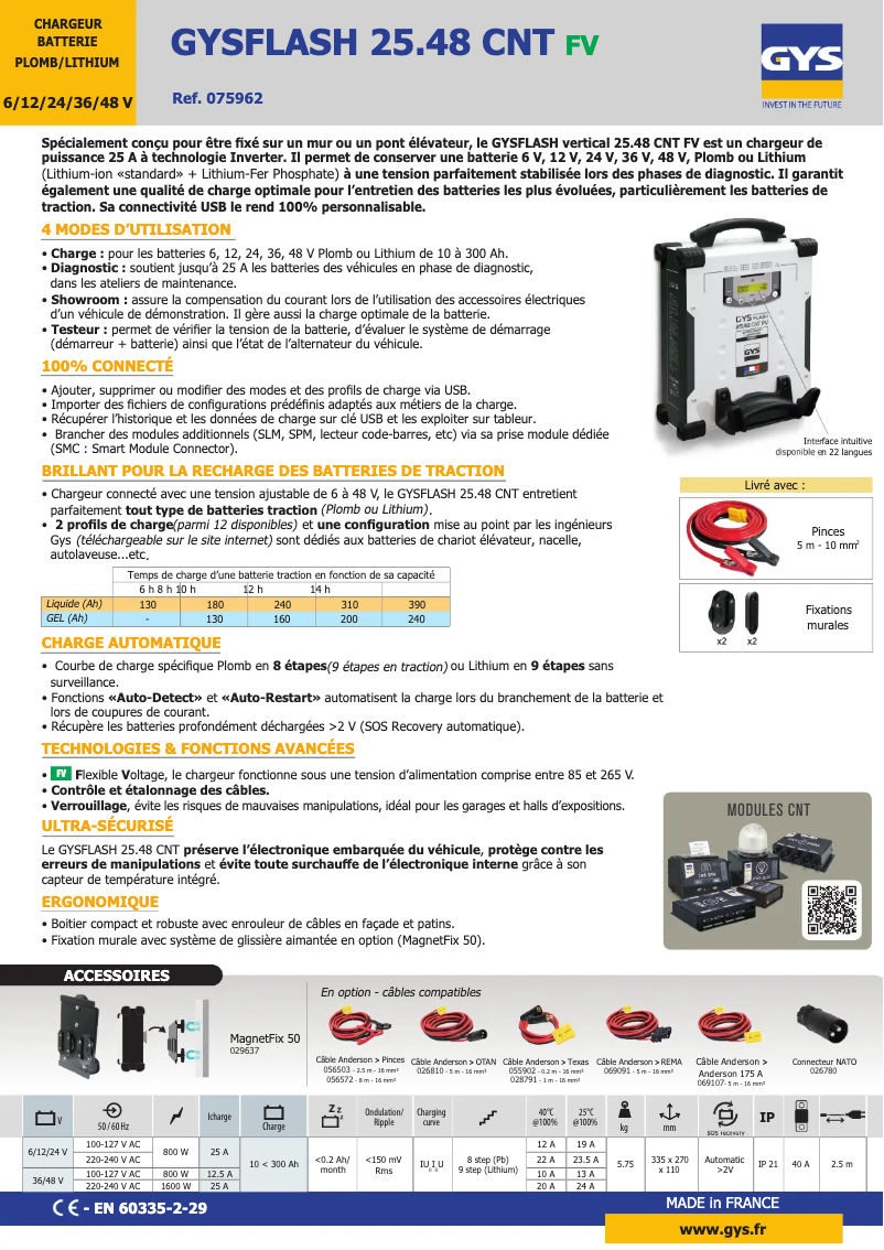 Page 1 de la notice Fiche technique GYS Gysflash 25.48 CNT FV