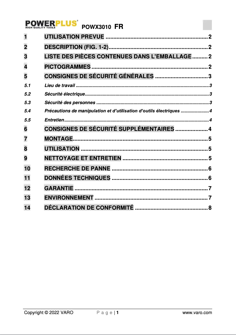 Page 1 de la notice Manuel utilisateur PowerPlus POWX3010