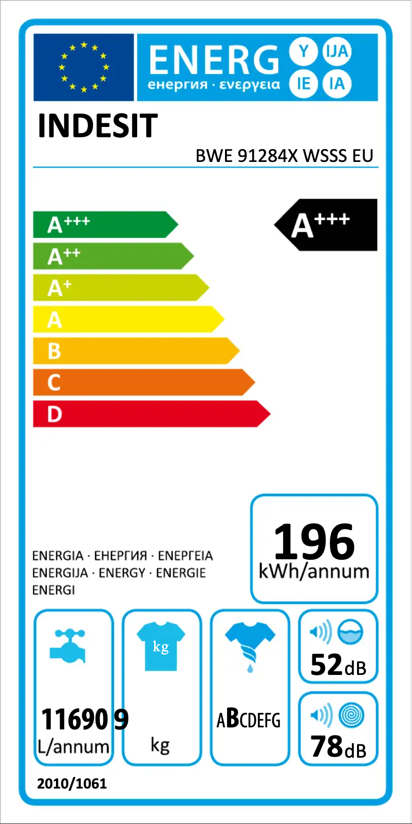 Page n°1 - Label énergétique Indesit BWE 91284X WSSS EU