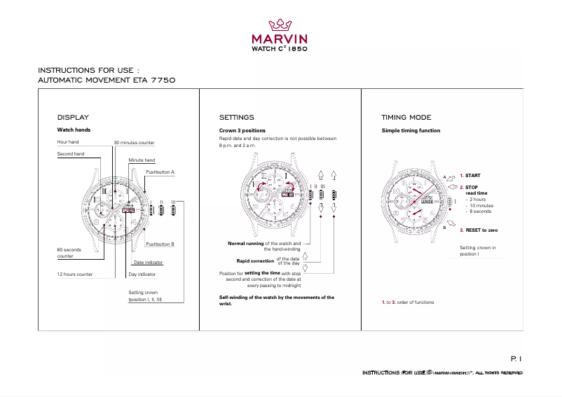 Page n°1 - Manuel utilisateur Marvin ETA 7750