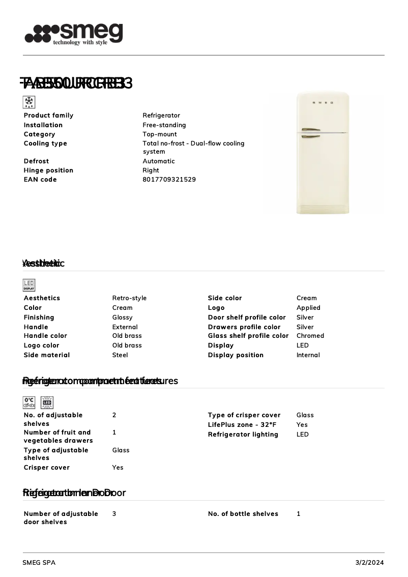 Page n°1 - Fiche technique Smeg FAB50URCRB3
