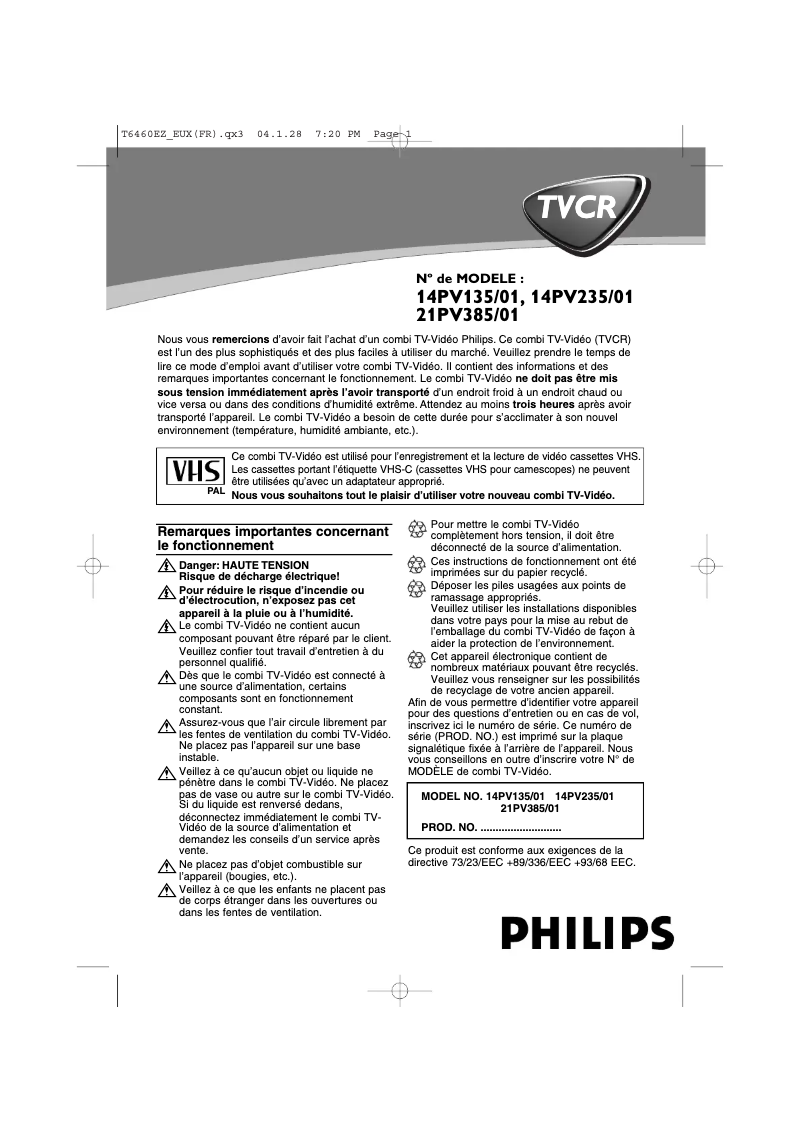Page 1 de la notice Manuel utilisateur Philips 14PV135