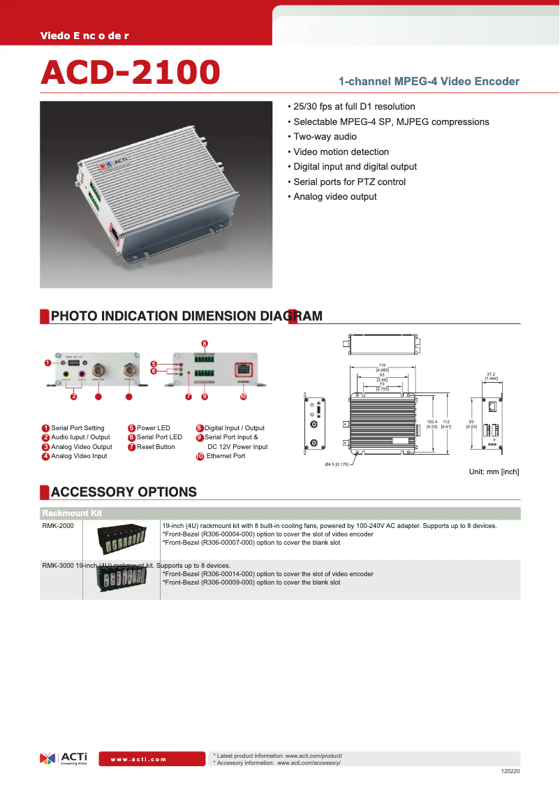 Página 1 del manual Ficha técnica ACTi ACD-2100