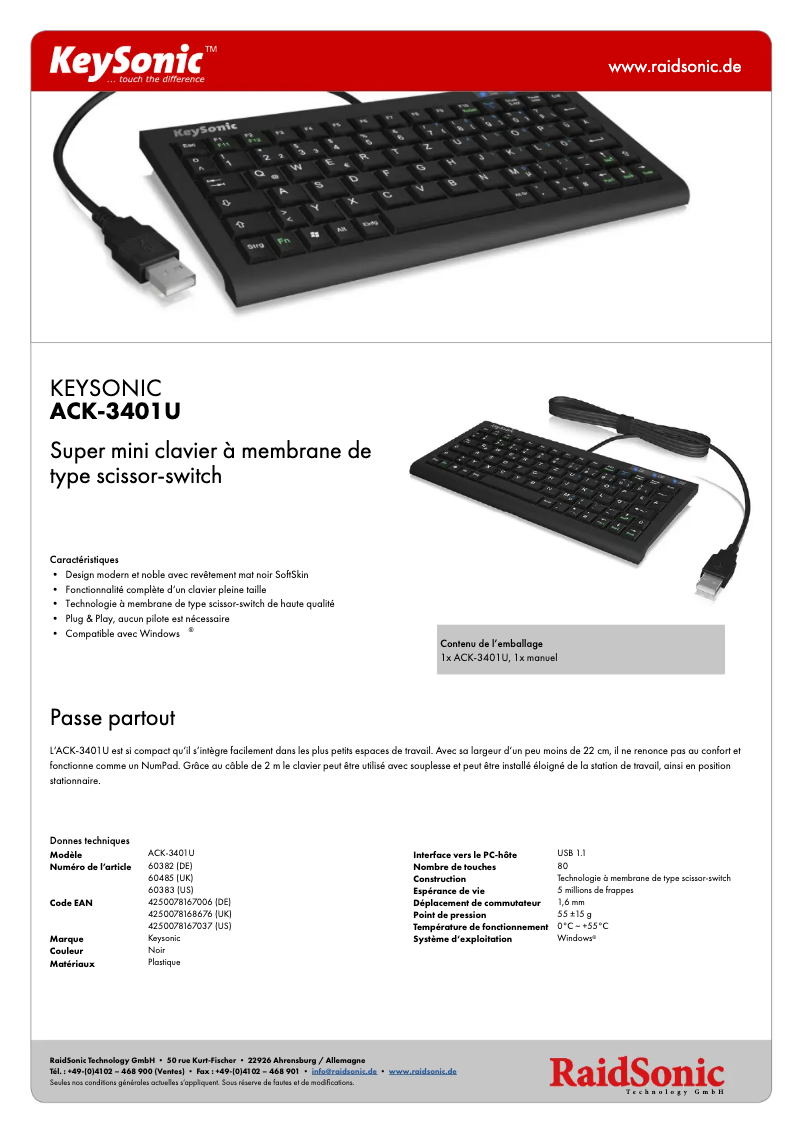 Page n°1 - Fiche technique KeySonic ACK-3401U