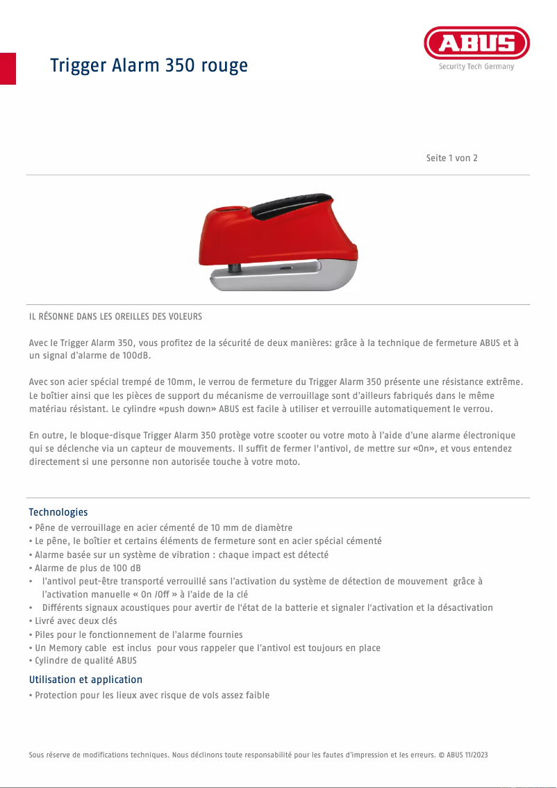 Page 1 de la notice Manuel utilisateur Abus Trigger Alarm 350