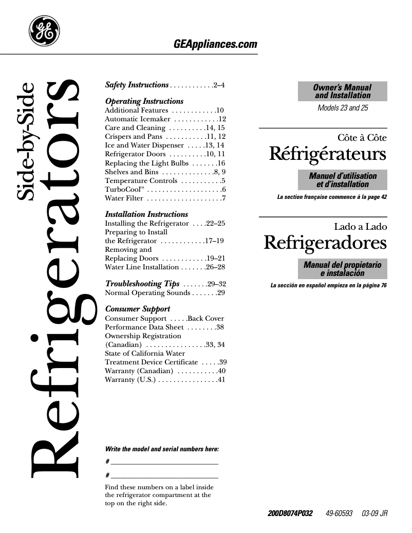 Page n°1 - Manuel d'utilisation et d'entretien GE GSS23WSTSS