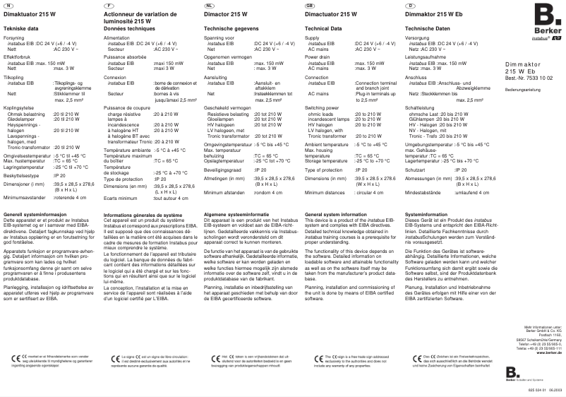 Page 1 de la notice Manuel utilisateur Berker 75331002