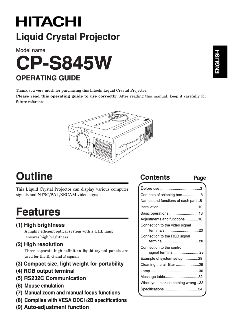 Page n°1 - Manuel utilisateur Hitachi CP-S845W