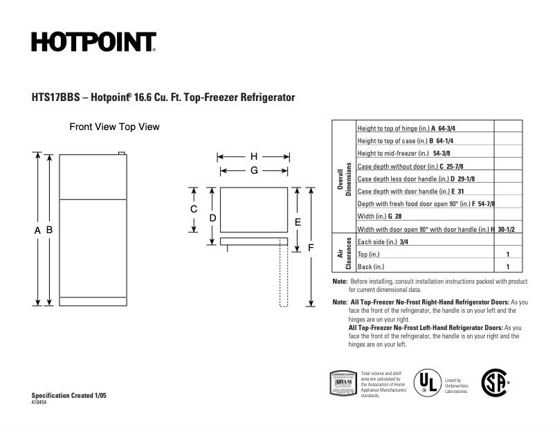 Page 1 de la notice Fiche technique Hotpoint HTS17BBSRCC