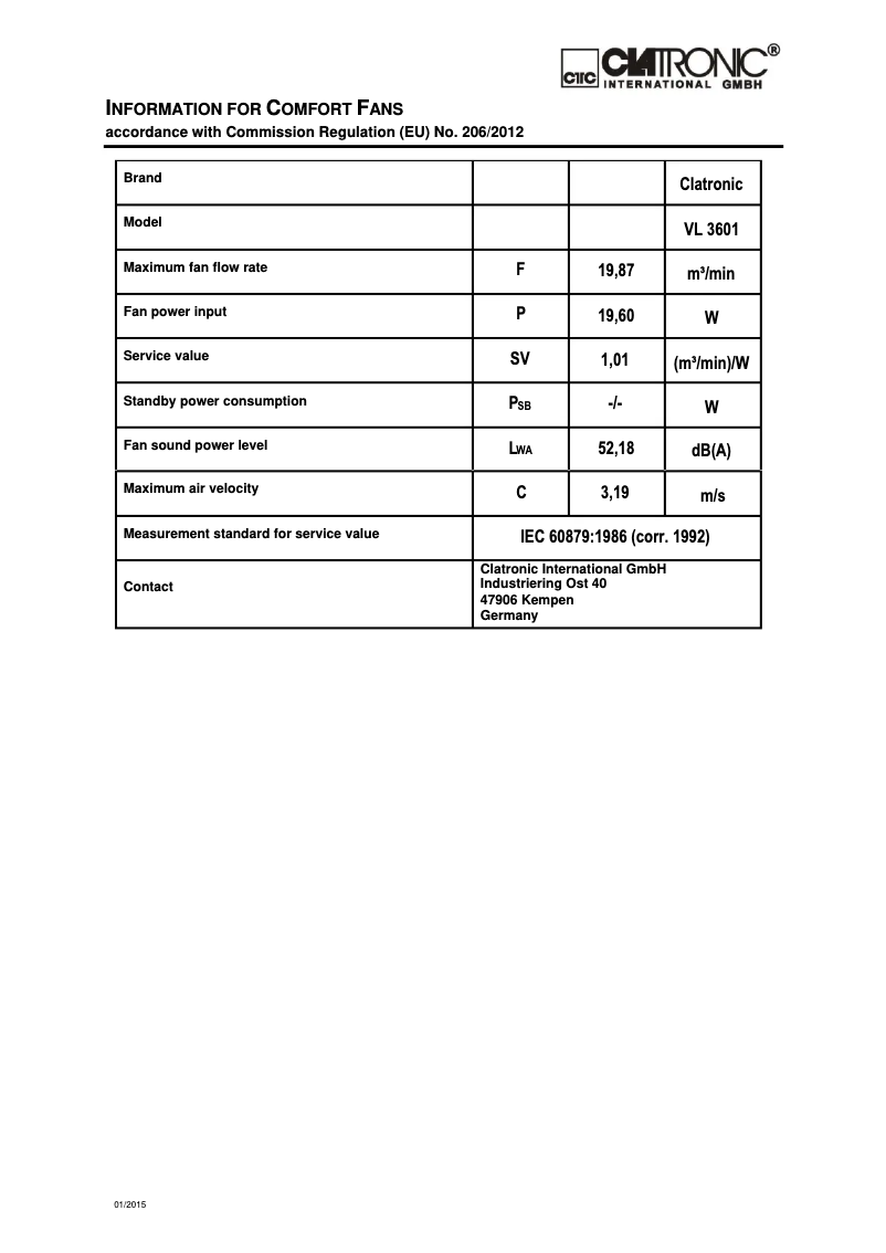 Página 1 del manual Ficha técnica Clatronic VL 3601