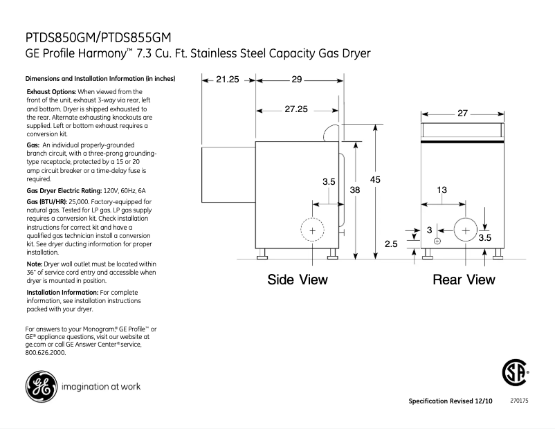 Page n°1 - Fiche technique GE Profile Harmony PTDS855GMMS