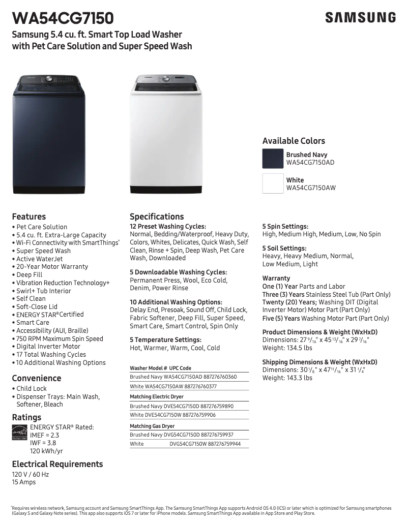 Page 1 de la notice Fiche technique Samsung WA54CG7150AD