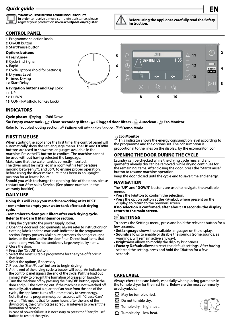 Página 1 del manual Manual de uso y mantenimiento Whirlpool W6 D93WB EE