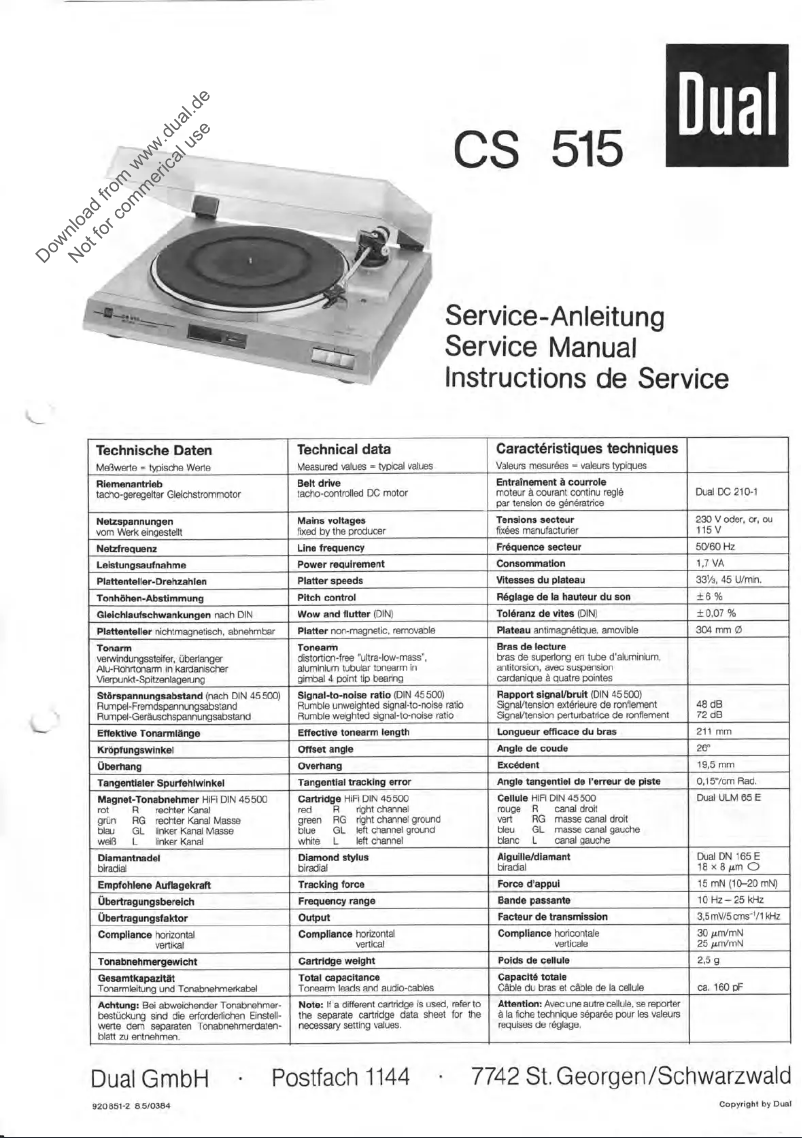 Page n°1 - Manuel utilisateur Dual CS 515